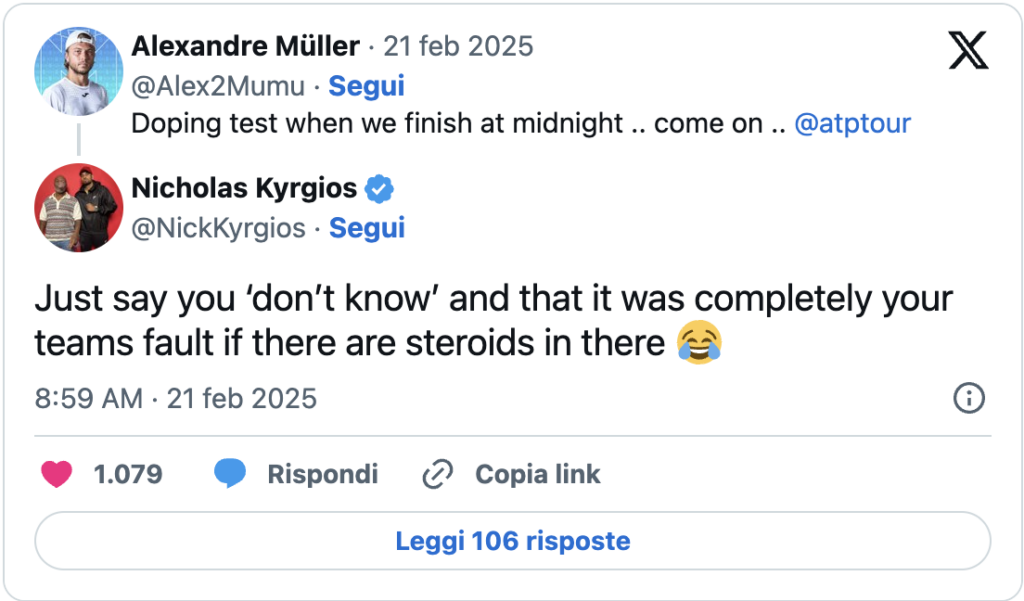 Il commento di Kyrgios, riferito al caso Clostebol, sotto il post di Muller su X