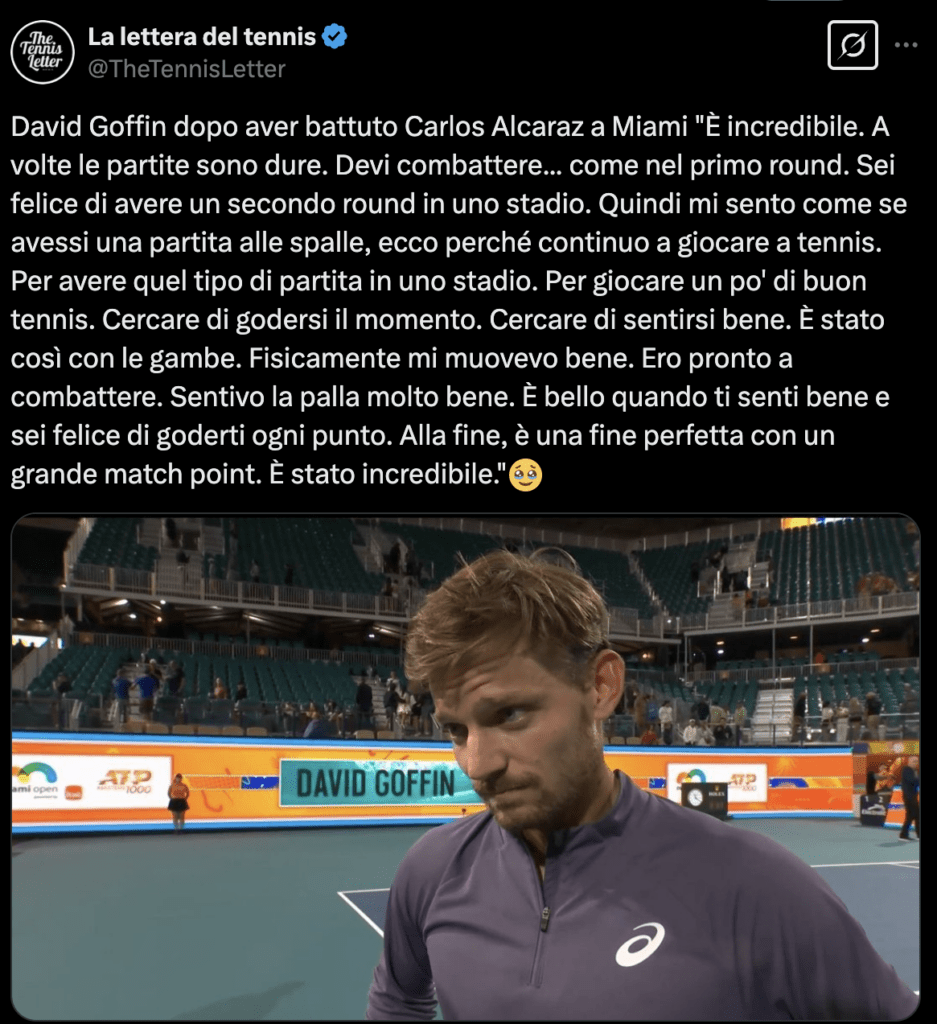 Le dichiarazioni di Goffin al termine del match vinto con Alcaraz a Miami