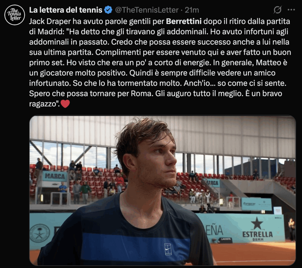 Le belle parole di Draper sul ritiro di Matteo Berrettini 