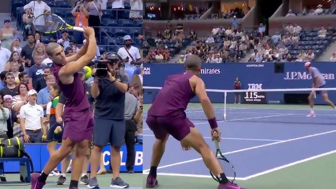 a sinistra Carlos Alcaraz celebra il golfista Rory Mclroy allo US Open, a destra il passante spettacolare dello spagnolo contro Opelka (foto youtube)