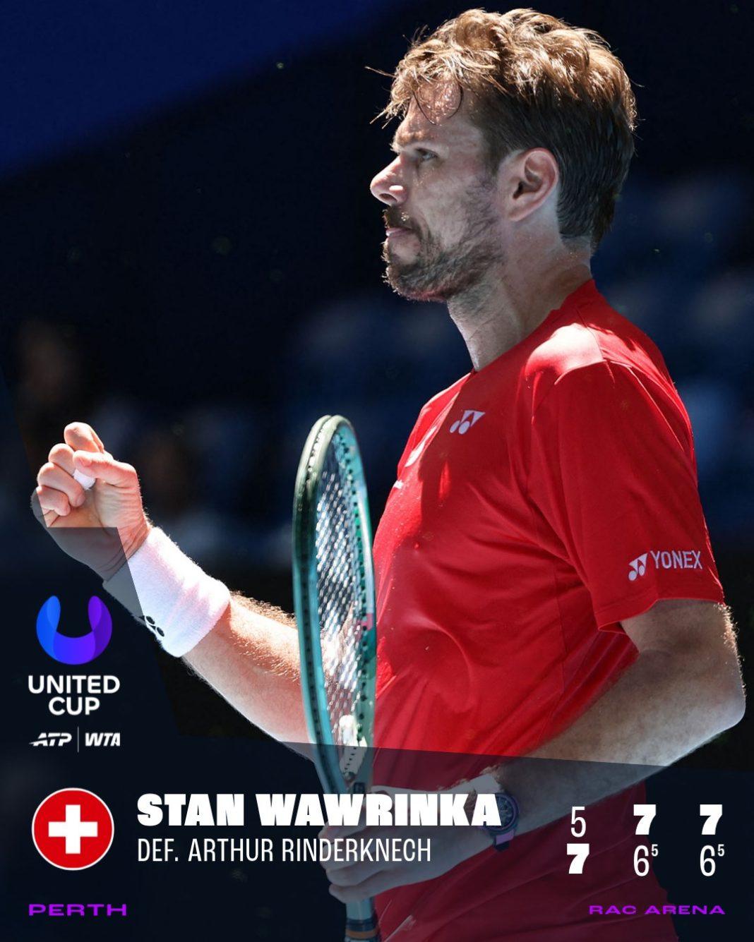Stan Wawrinka batte Arthur Rinerdknech e porta al successo la Svizzera alla United Cup (foto profilo x United Cup)