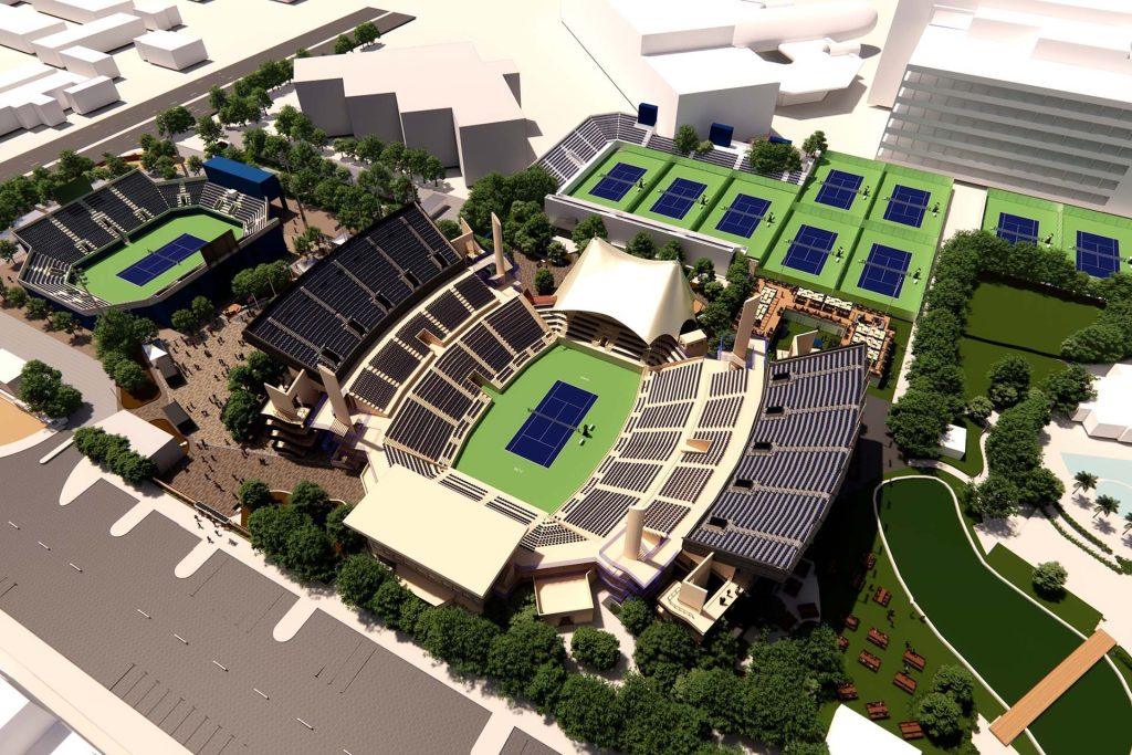 Rendering del nuovo stadio temporaneo Court 1 da 2.000 posti che debutterà nel 2026 a Dubai