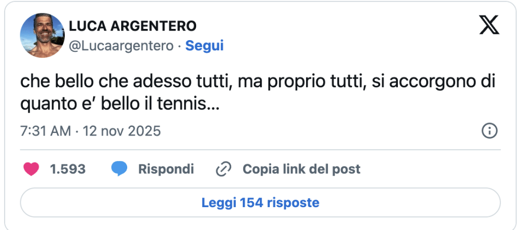 Post su X di Luca Argentero sul tennis