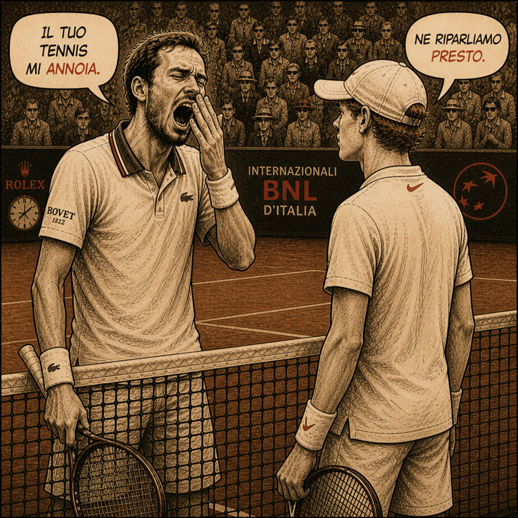 Medvedev sbadiglia in faccia a Sinner, grafica per l'articolo 